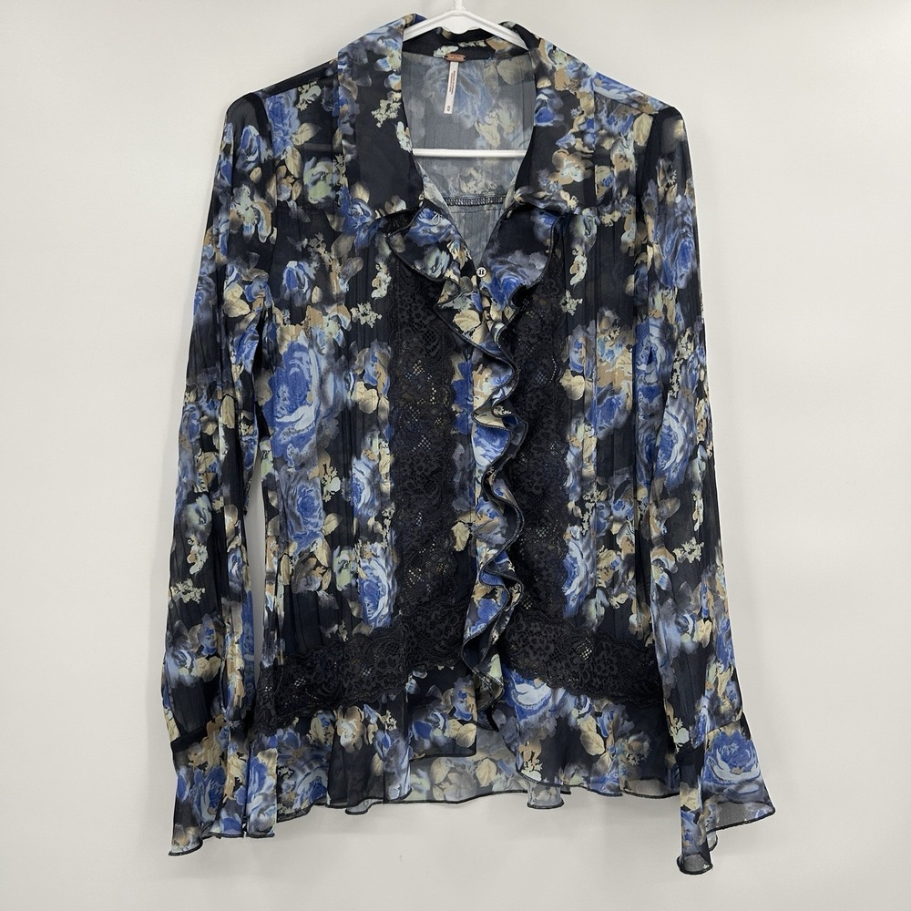 Free People Womens Sheer Whimsigoth Floral Blouse Sz M Romantic Victorian Fairy